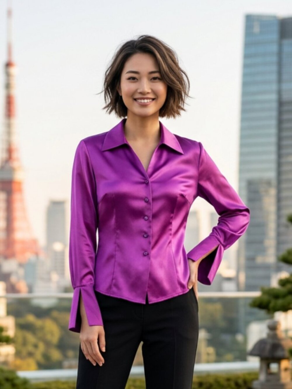 Vtg 90s Y2k I.E.Magenta Silk Blouse French Cuffs